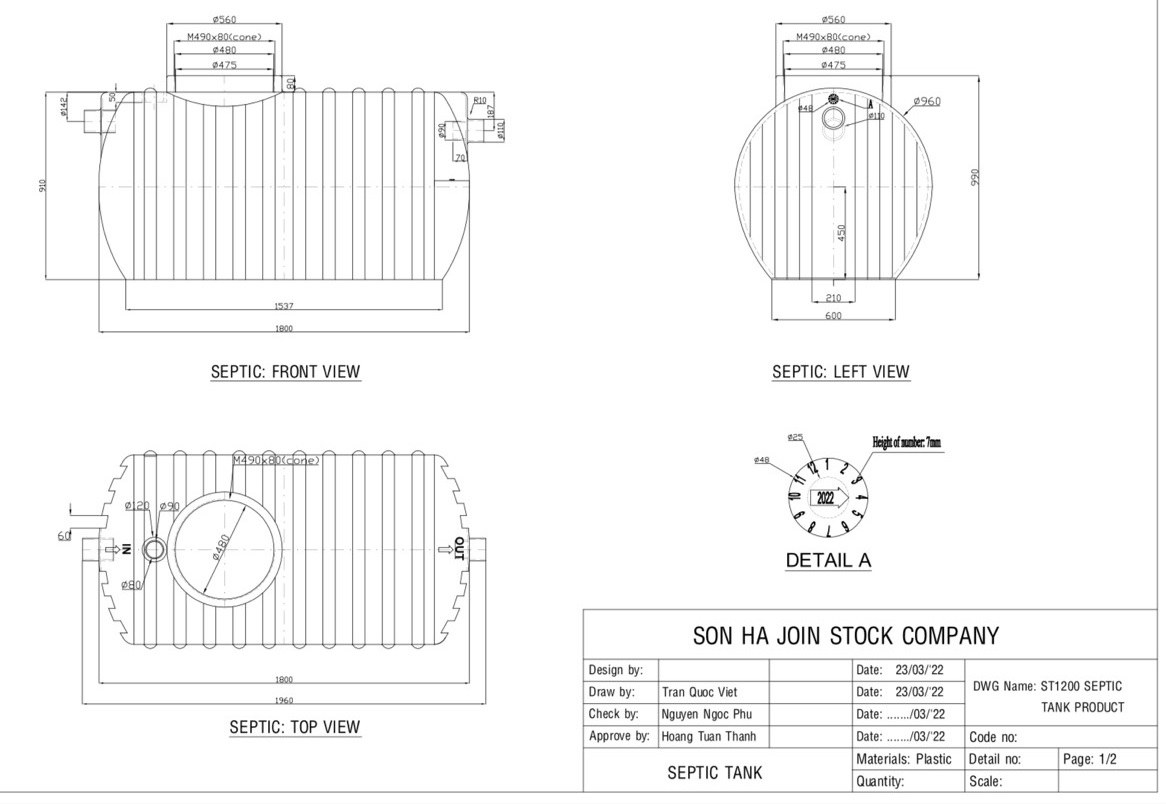 Bản vẽ bồn tự hoại 1.200 lít Sơn Hà