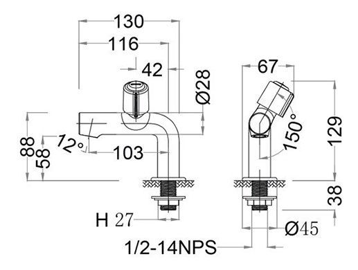 Bản vẽ vòi rửa mặt nước lạnh Caesar B075C