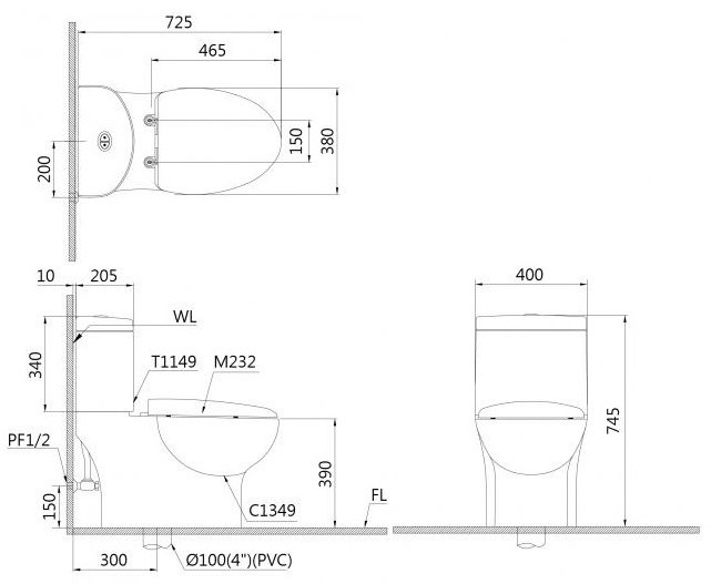 Bản vẽ kỹ thuật bệt vệ sinh Caesar CD1349 két T1149