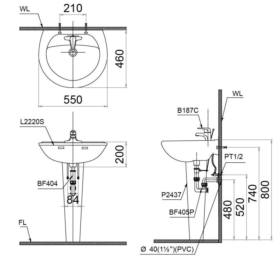 Bản vẽ kích thước lavabo treo tường Caesar L2220 P2445