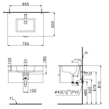 Bản vẽ kích thước tủ chậu Caesar LF5032/EH05032AWV