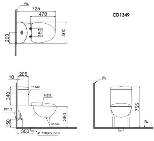 Bản vẽ kích thước bồn cầu CD1349 nắp rửa TAF400H