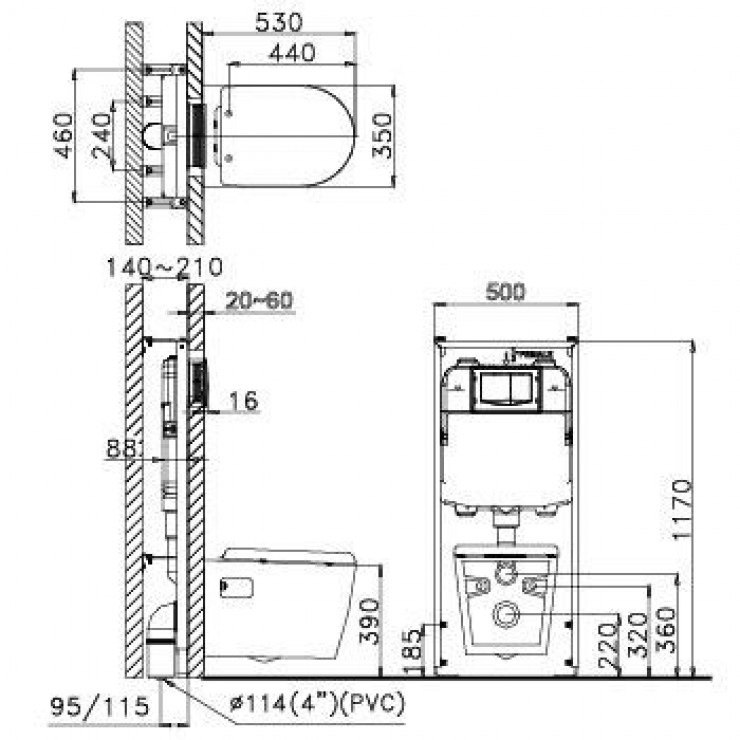 Bản vẽ kích thước bồn cầu Caesar treo tường CPT1503