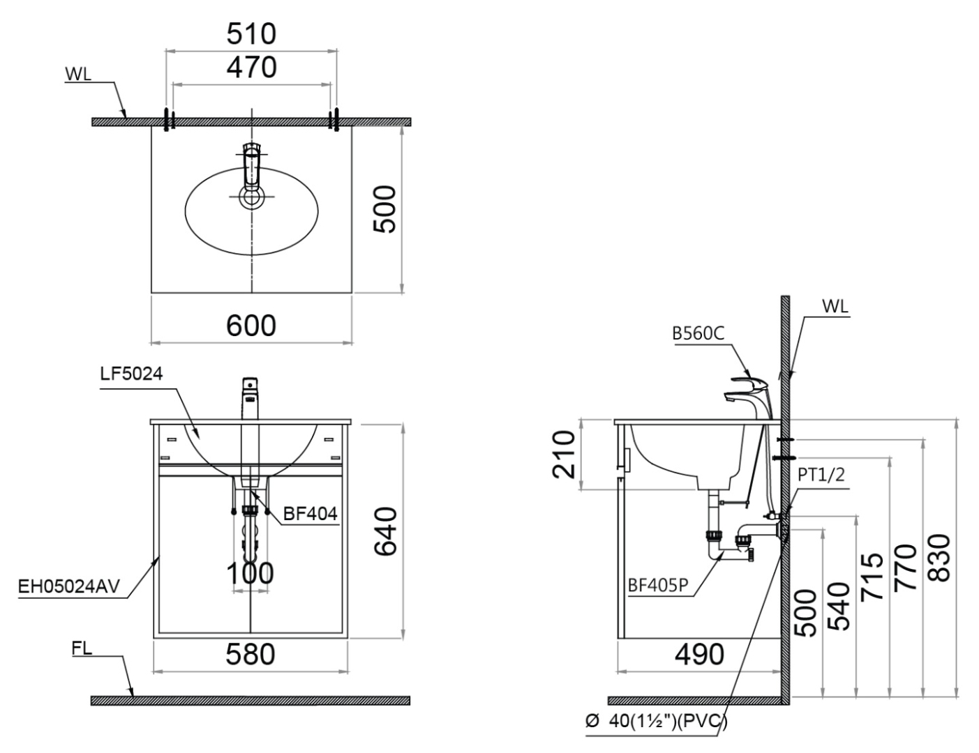 Bản vẽ kích thước tủ chậu rửa mặt Caesar LF5024 EH05024ASV