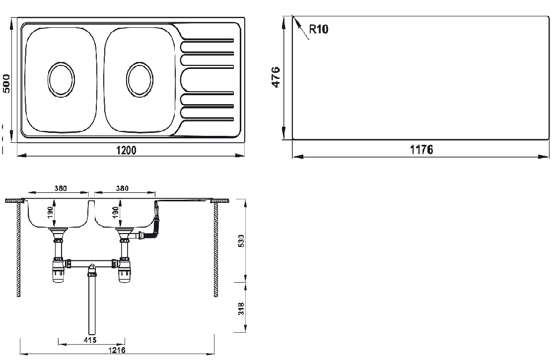 Bản vẽ chậu bếp inox HS20-SSN2S90 Hafele 2 hộc