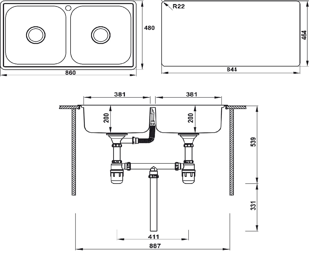 Bản vẽ chậu bếp inox HS20-SSN2R90M Hafele 2 hộc