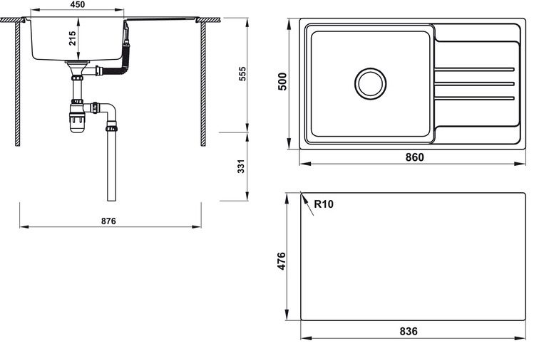 Bản vẽ chậu bếp inox HS20-SSN2S90 Hafele 2 hộc