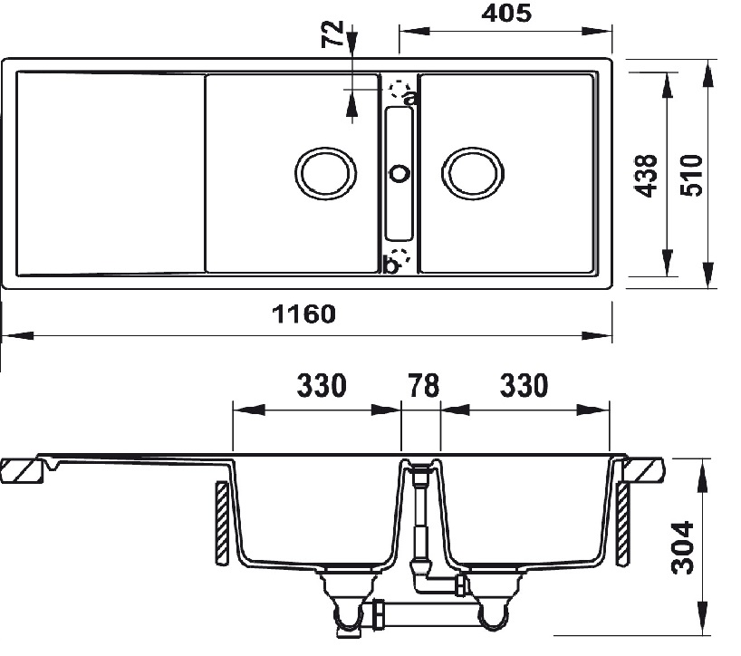 Bản vẽ chậu đá 570.33.330 Hafele 2 hộc