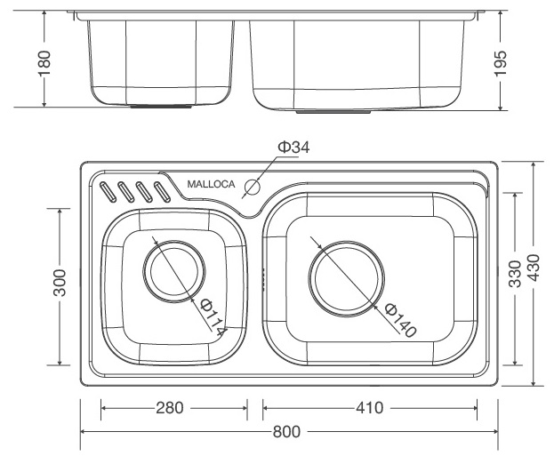 Bản vẽ kỹ thuật chậu inox 304 Malloca MS1003 rửa chén bát