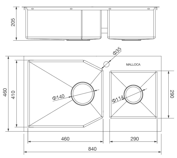 Bản vẽ kỹ thuật chậu inox 304 Malloca MS610 rửa chén bát