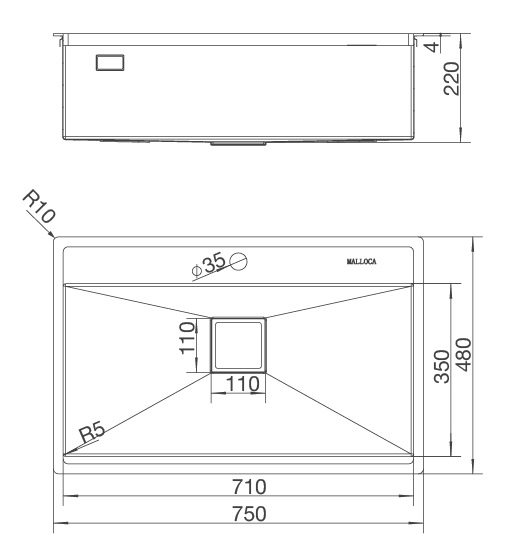 Bản vẽ kỹ thuật chậu inox 304 Malloca MS 6302T rửa chén bát