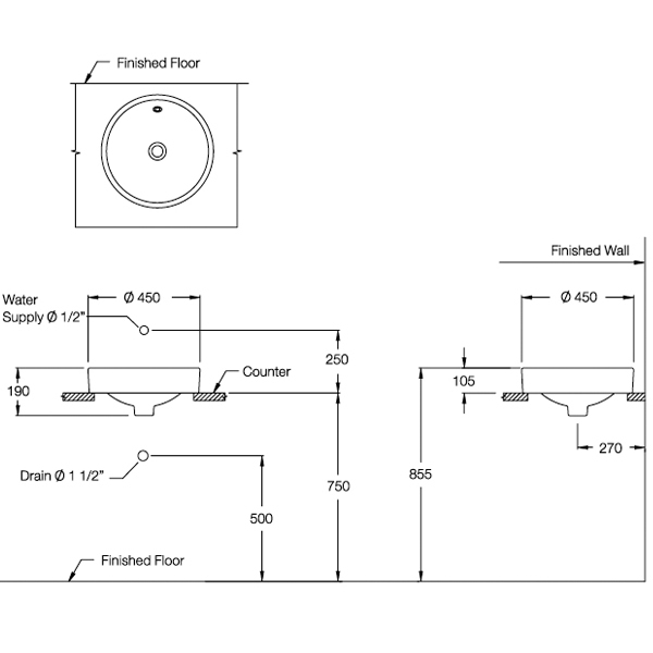 Bản vẽ kỹ thuật chậu lavabo đặt bàn Cotto C00027