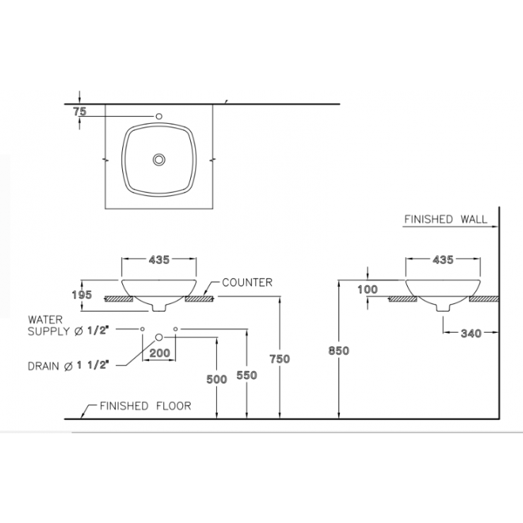 Bản vẽ kỹ thuật lavabo đặt bàn Cotto C0003