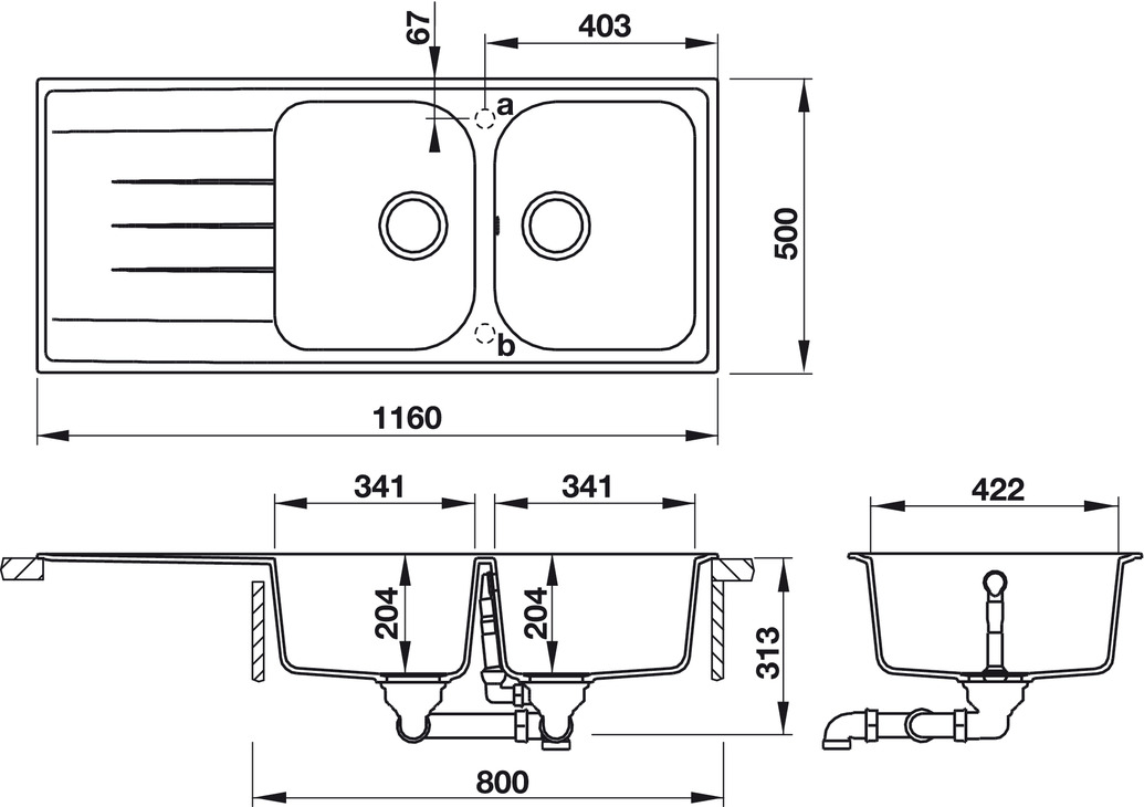 Bản vẽ chậu đá HS18-GED2R80 Hafele 2 hộc có cánh