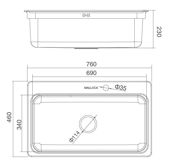 Bản vẽ kỹ thuật chậu inox 304 Malloca MS 1022D rửa chén bát