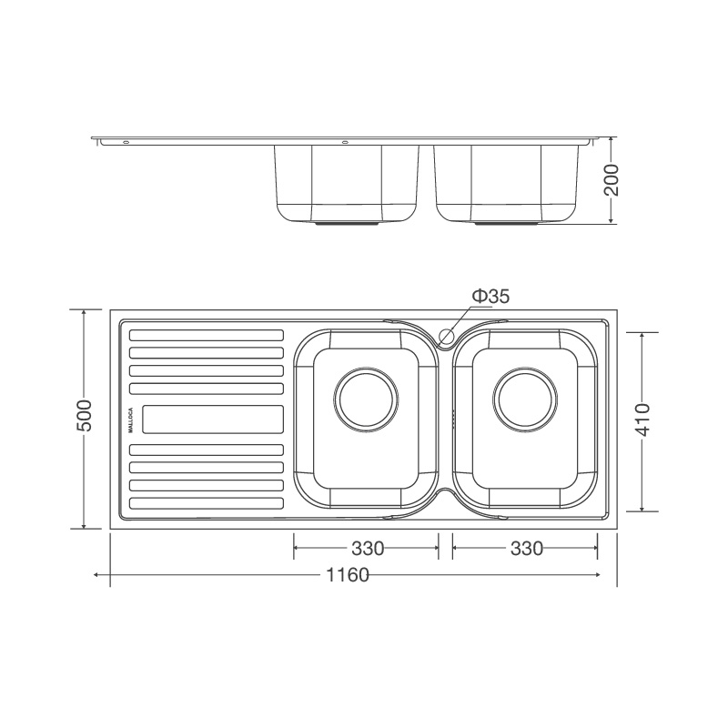 Bản vẽ kỹ thuật chậu inox 304 Malloca MS 1025L NEW rửa chén bát