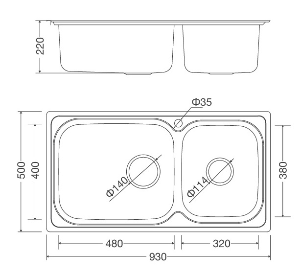 Bản vẽ kỹ thuật chậu inox 304 Malloca MS 2025 rửa chén bát