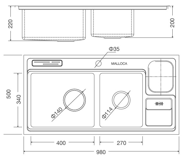 Bản vẽ kích thước chậu inox 304 Malloca MS8804N rửa chén bát :