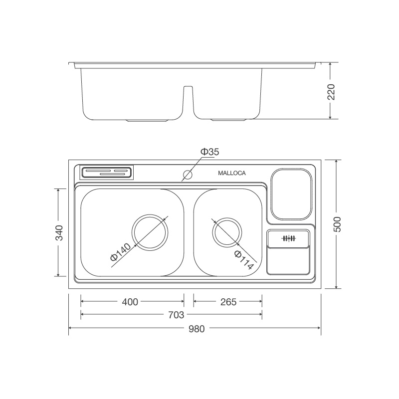 Bản vẽ kỹ thuật chậu inox 304 Malloca MS 8809 rửa chén bát