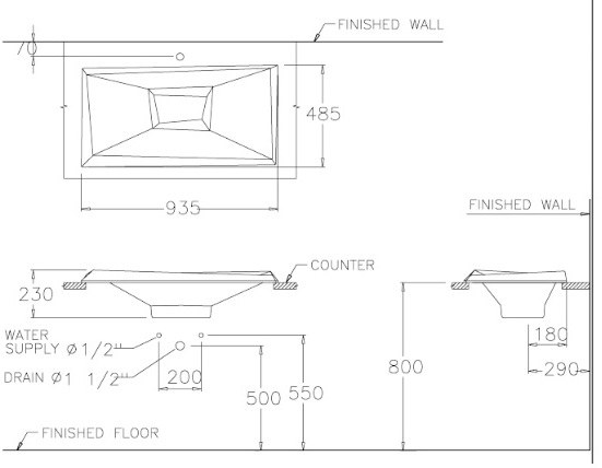 Bản vẽ kỹ thuật chậu lavabo đặt bàn Cotto C 09077 