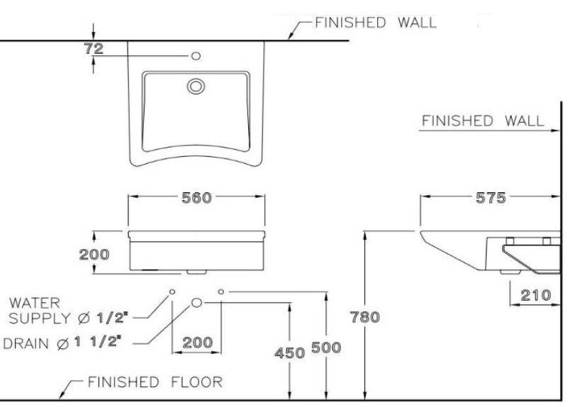 Bản vẽ kích thước lavabo SC 00537 Cotto