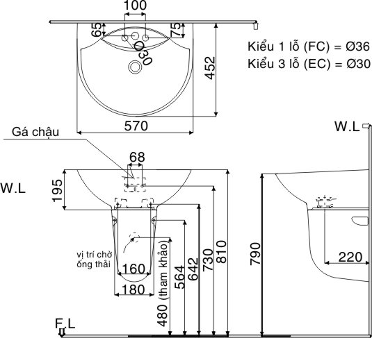 Bản vẽ bồn rửa mặt lavabo INAX L285V kèm chân L288VC