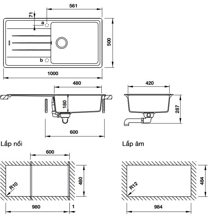 Bản vẽ chậu bếp đơn HS-GSD10050 Hafele