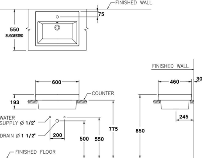 Bản vẽ kỹ thuật chậu lavabo  đặt bàn Cotto C 0902