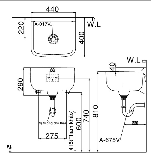 Bản vẽ bồn rửa mặt đa năng lavabo INAX S17V