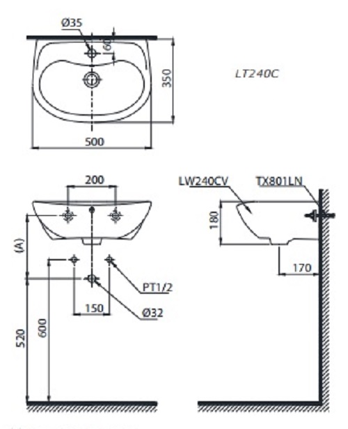 Bản vẽ bồn rửa mặt lavabo TOTO LT240C