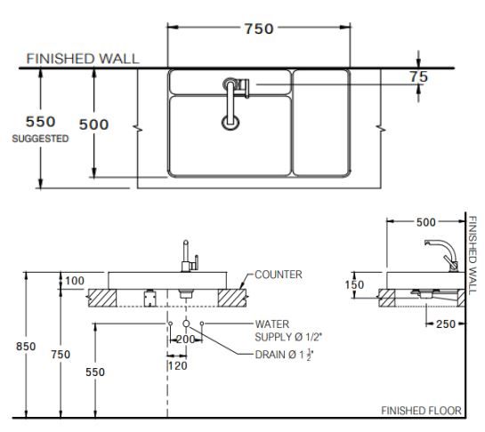 Bản vẽ kích thước lavabo đặt bàn Cotto CPW0501MTP