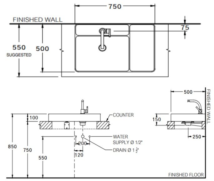 Bản vẽ kích thước lavabo Cotto CPW0501MWH