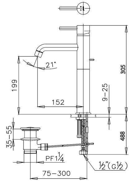 Bản vẽ kích thước vòi chậu rửa mặt Cotto CT542AY