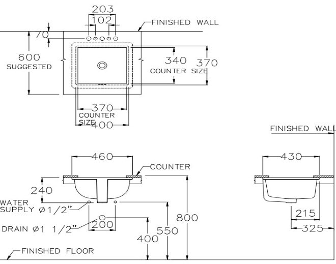 Bản vẽ kích thước chậu rửa mặt Cotto C0512