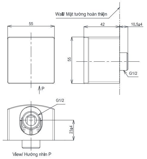 Bản vẽ kích thước cút nối tường TBW08009A TOTO