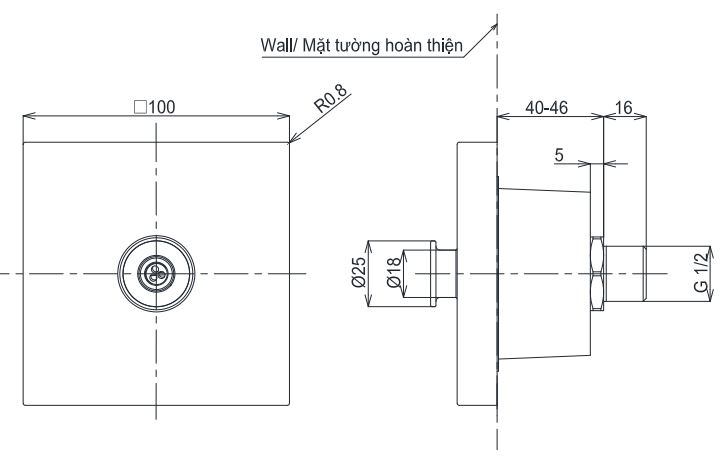 Bản vẽ kích thước đầu phun sen tắm TBW08008A âm tường