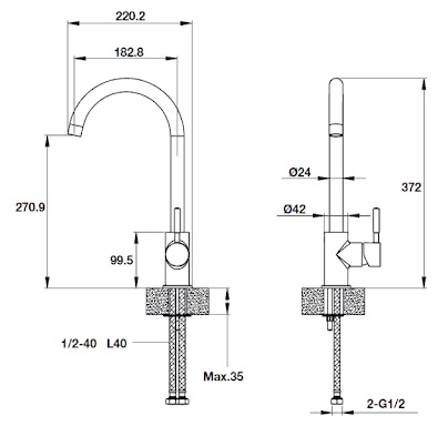 kích thước vòi rửa chén Hafele HT-G270