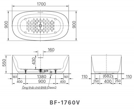 Bản vẽ bồn tắm nằm đặt sàn Inax BF1760 V