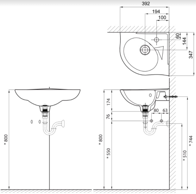 Bản vẽ kích thước chậu rửa mặt góc Inax L281V mini