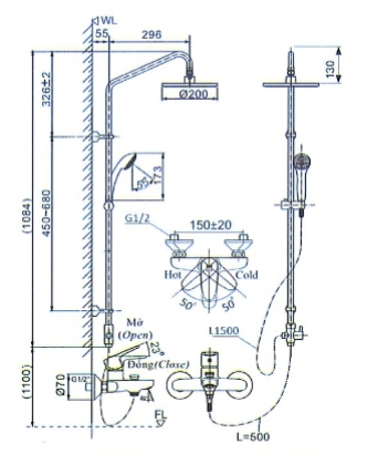 Bản vẽ kích thước sen cây INAX BFV-1115S-3C