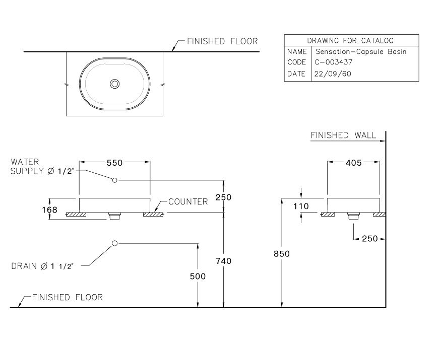 kỹ thuật chậu lavabo đặt bàn màu xám Cotto C00343 MIR