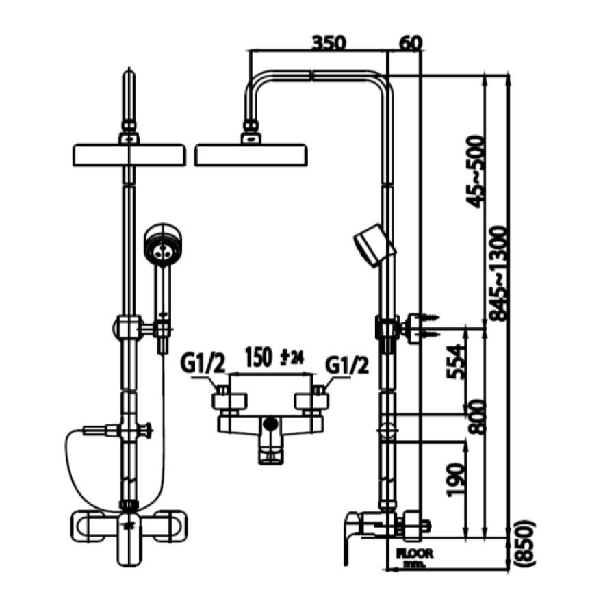 kích thước sen cây nóng lạnh CT 2149WSZ94 Cotto