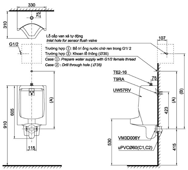 Bản vẽ kích thước bồn tiểu TOTO UT57 S#W