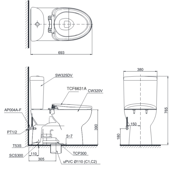 Bản vẽ bồn cầu nắp điện tử TOTO CS325DRW7