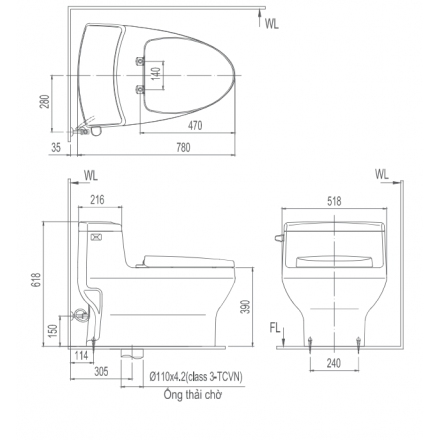 Bản vẽ bệt inax 4005 nắp điện tử CW-KA22