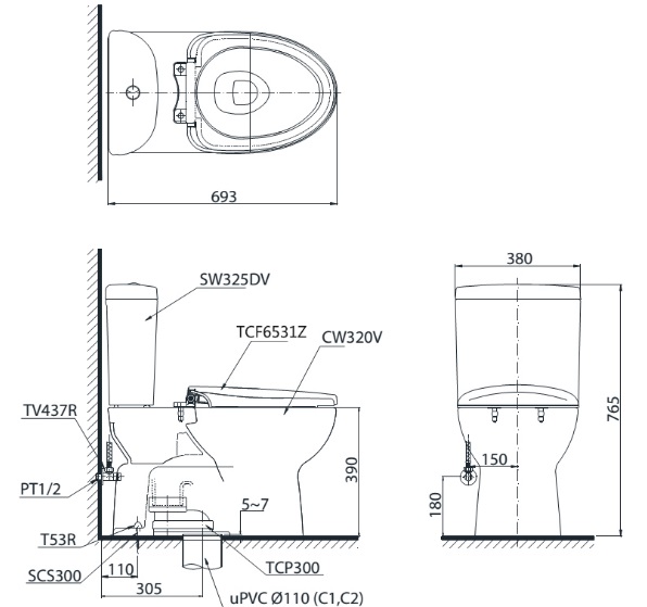 bản vẽ bồn cầu nắp rửa điện tử TOTO CS325DRW6