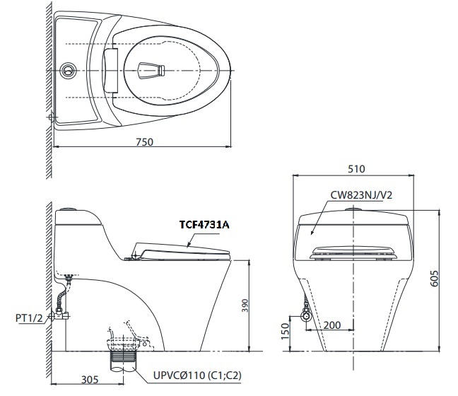 Bản vẽ bồn cầu nắp điện tử TOTO CW823NW/FW4