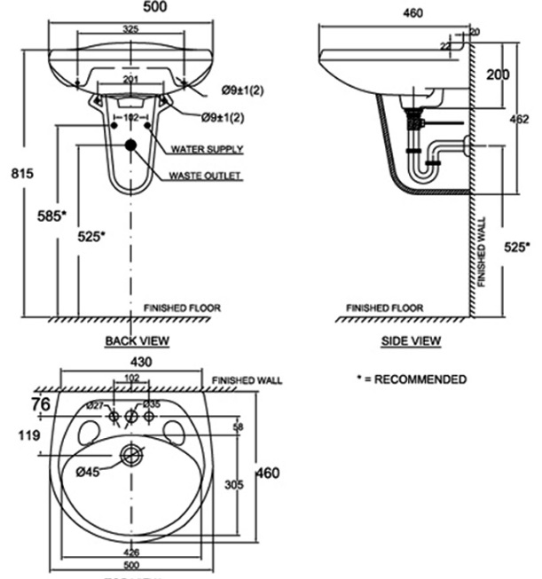 Bản vẽ kích thước chậu rửa mặt American VF-0969 VF-0912