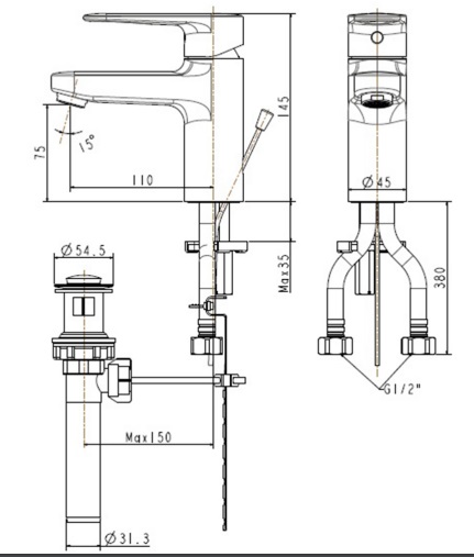 Bản vẽ kỹ thuật vòi chậu lavabo nóng lạnh american WFB 201