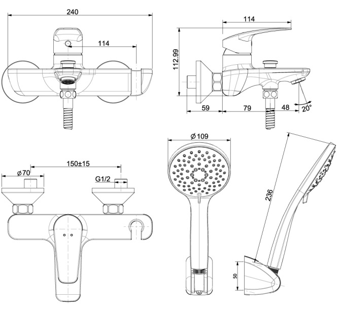 Bản vẽ kích thước vòi hoa sen American WF-0911